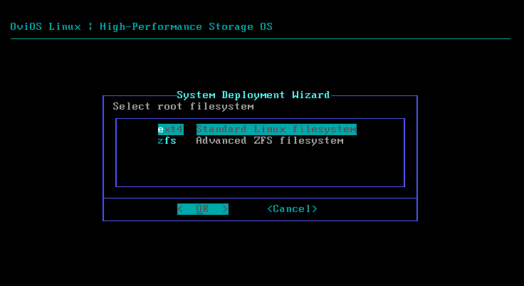 Filesystem selection screen in the installer